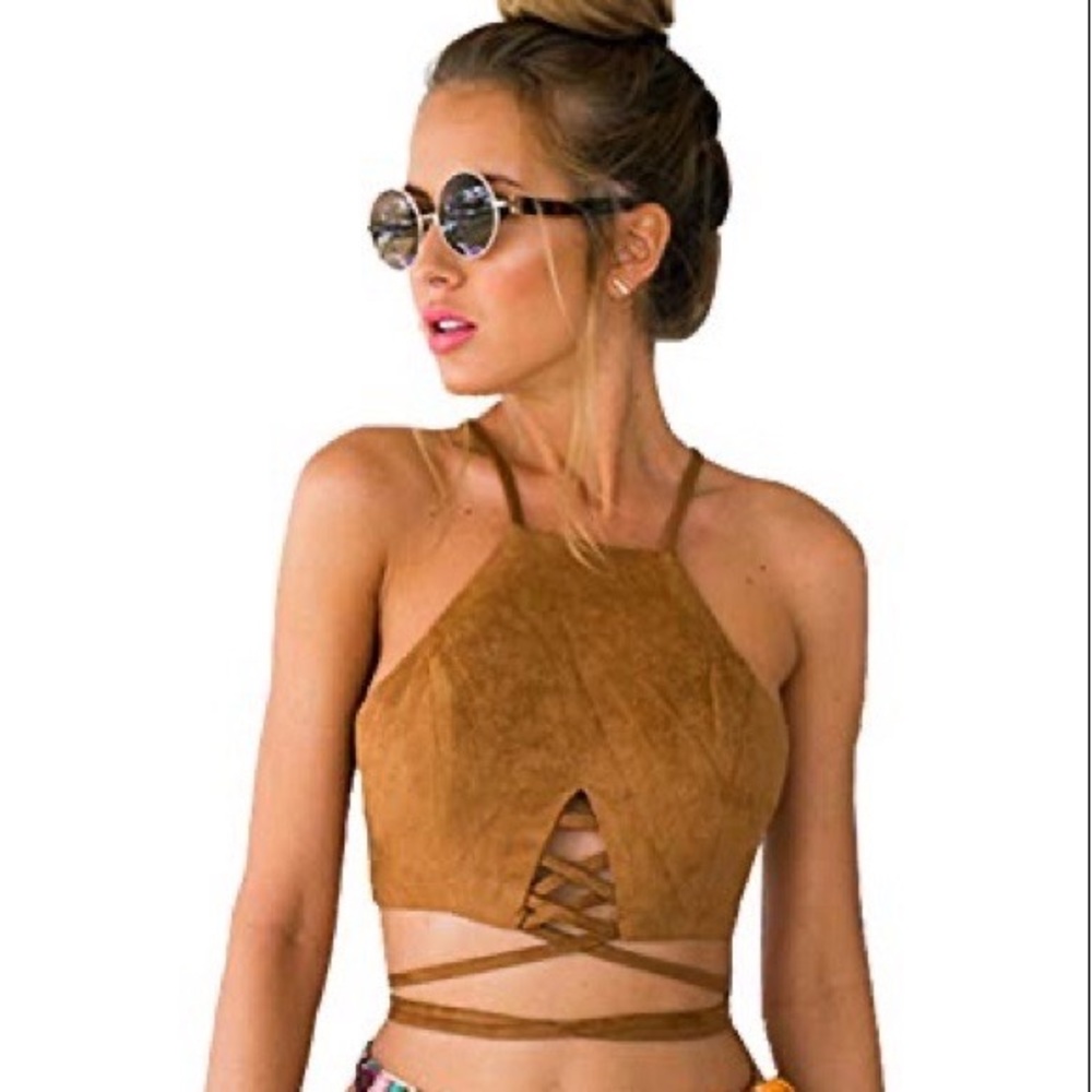 Blooming Jelly Faux Suede Self-Tie Crop Top Size M